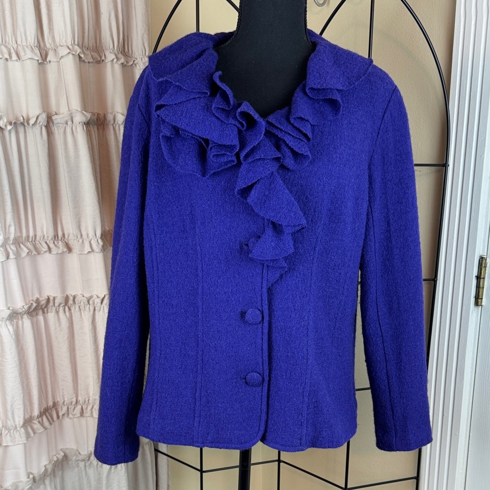 Mandal Bay Women's Blazer Jacket Purple 100% Wool Ruffle Collar Lined Size L VTG